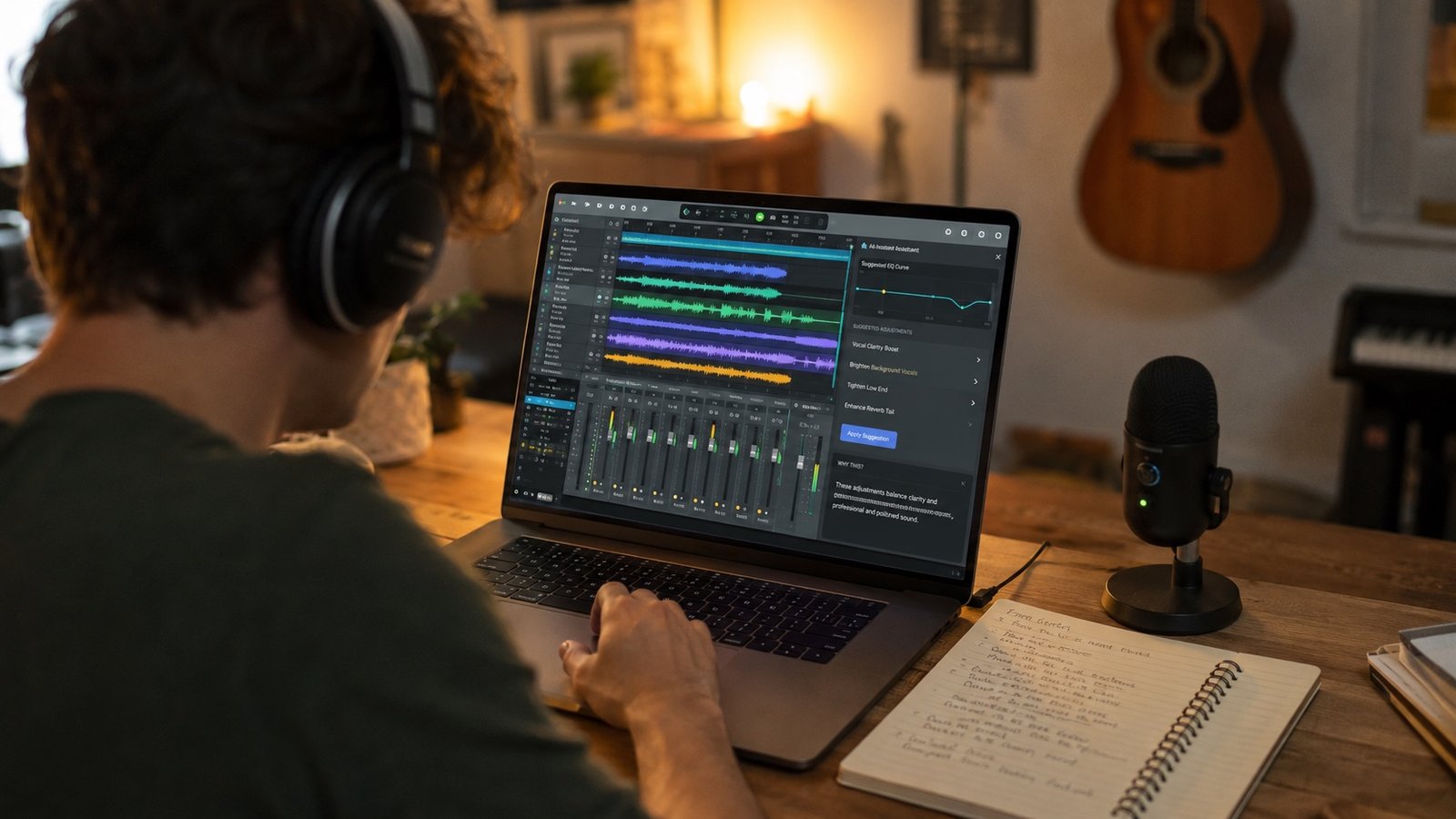 Producer making mix decisions on a fader controller
