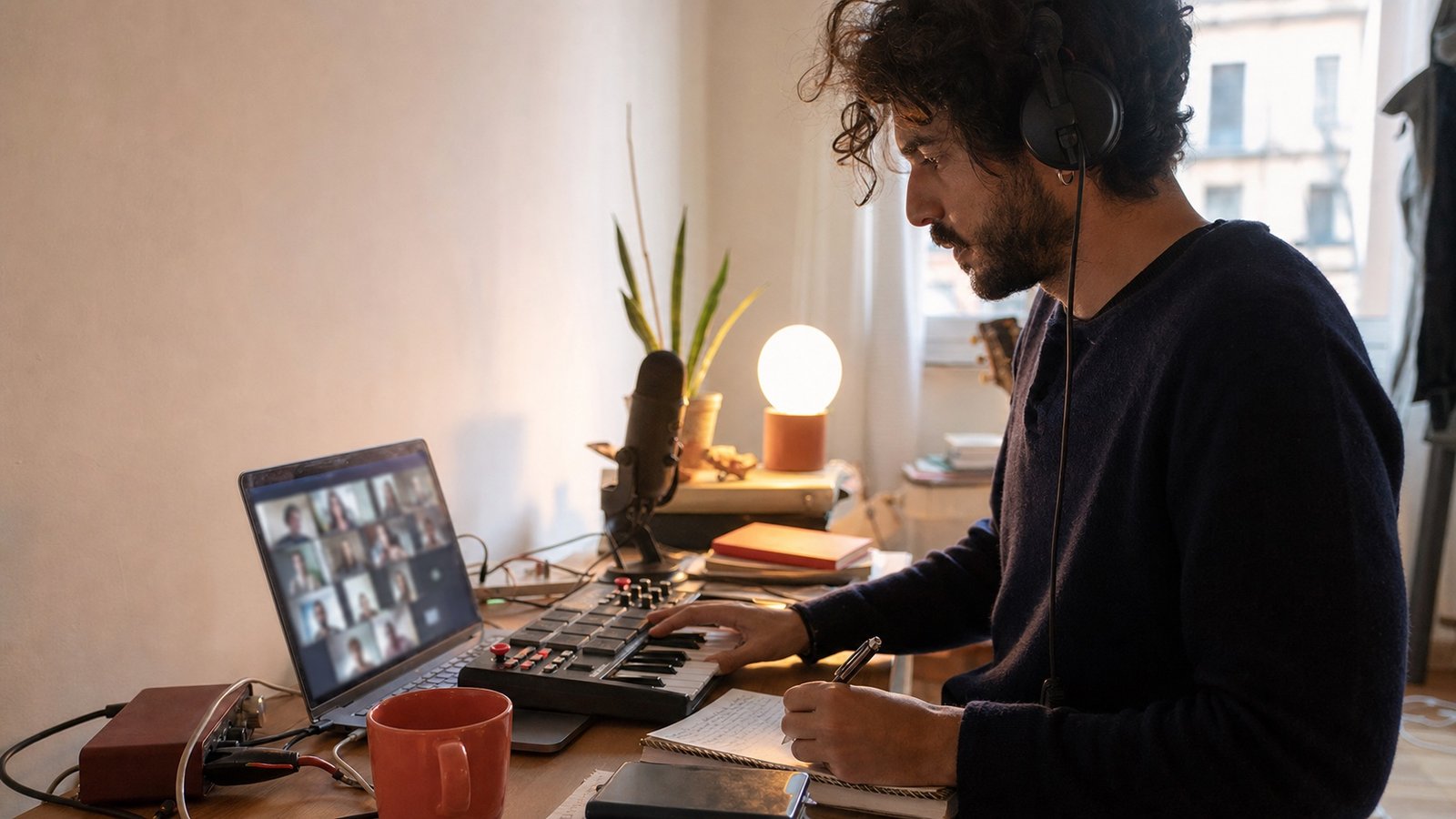 Artist in headphones joining a live online studio session, writing in a notebook