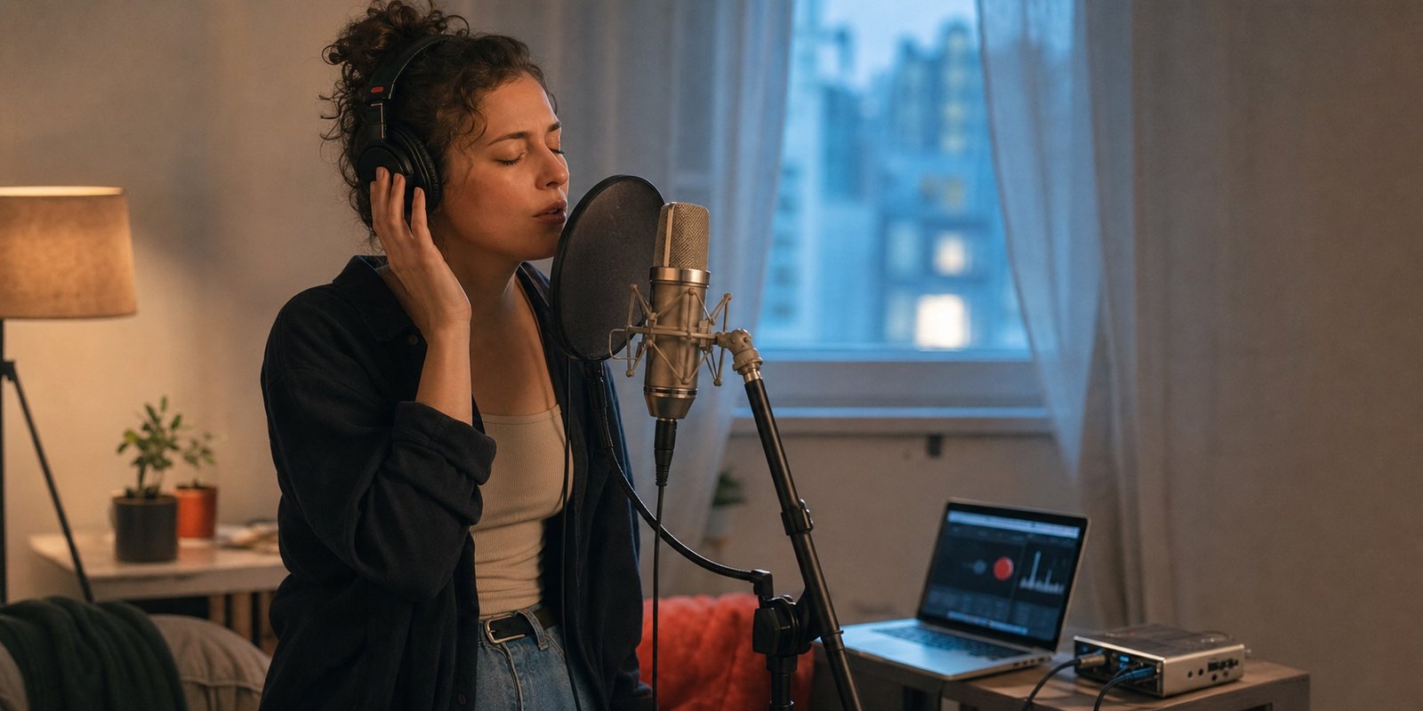 Vocalist tracking a take at a home studio microphone in evening light