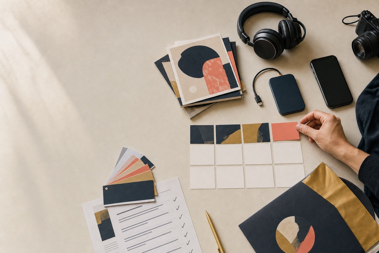 Flat lay of cover artwork proofs, swatches, and a release checklist