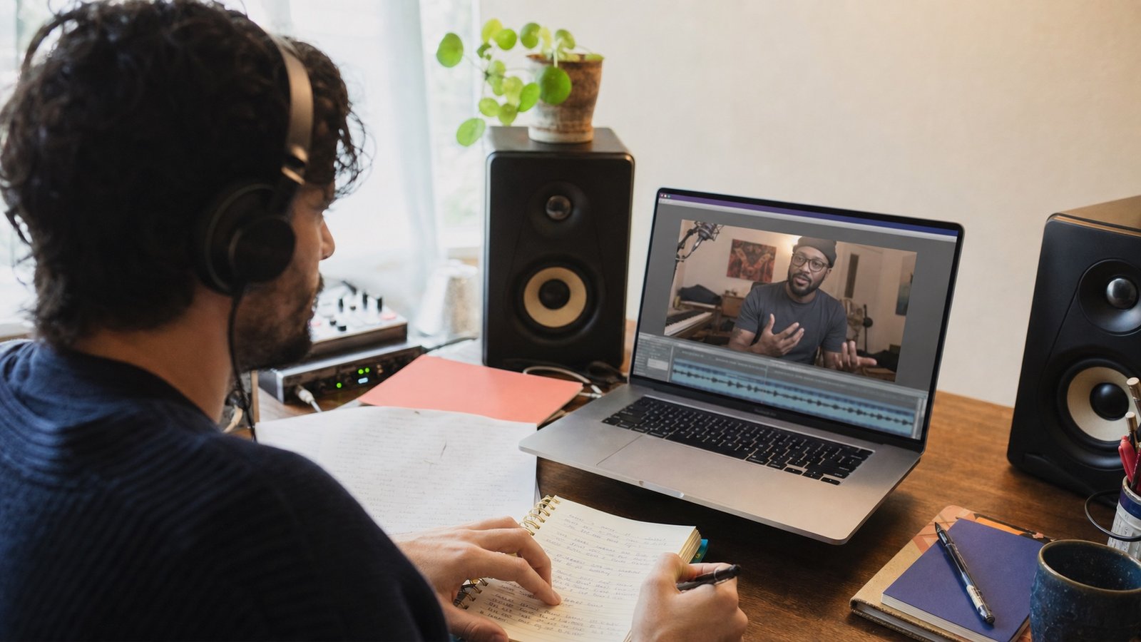Artist reviewing a mix on a video call with peers