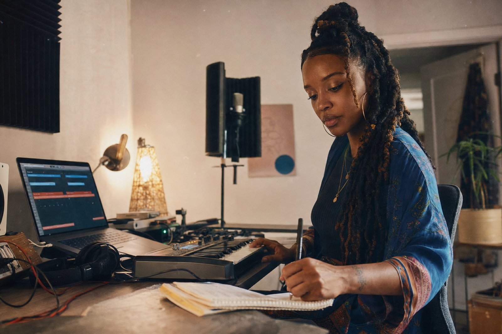 Artist writing session notes in a notebook beside a laptop and audio interface