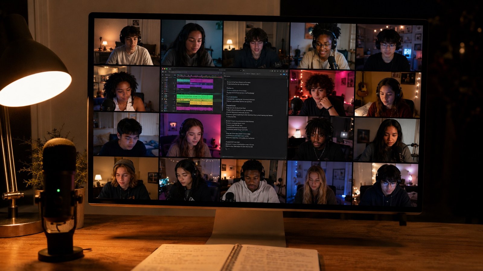 The live session grid — sixteen artists and two instructors together on screen