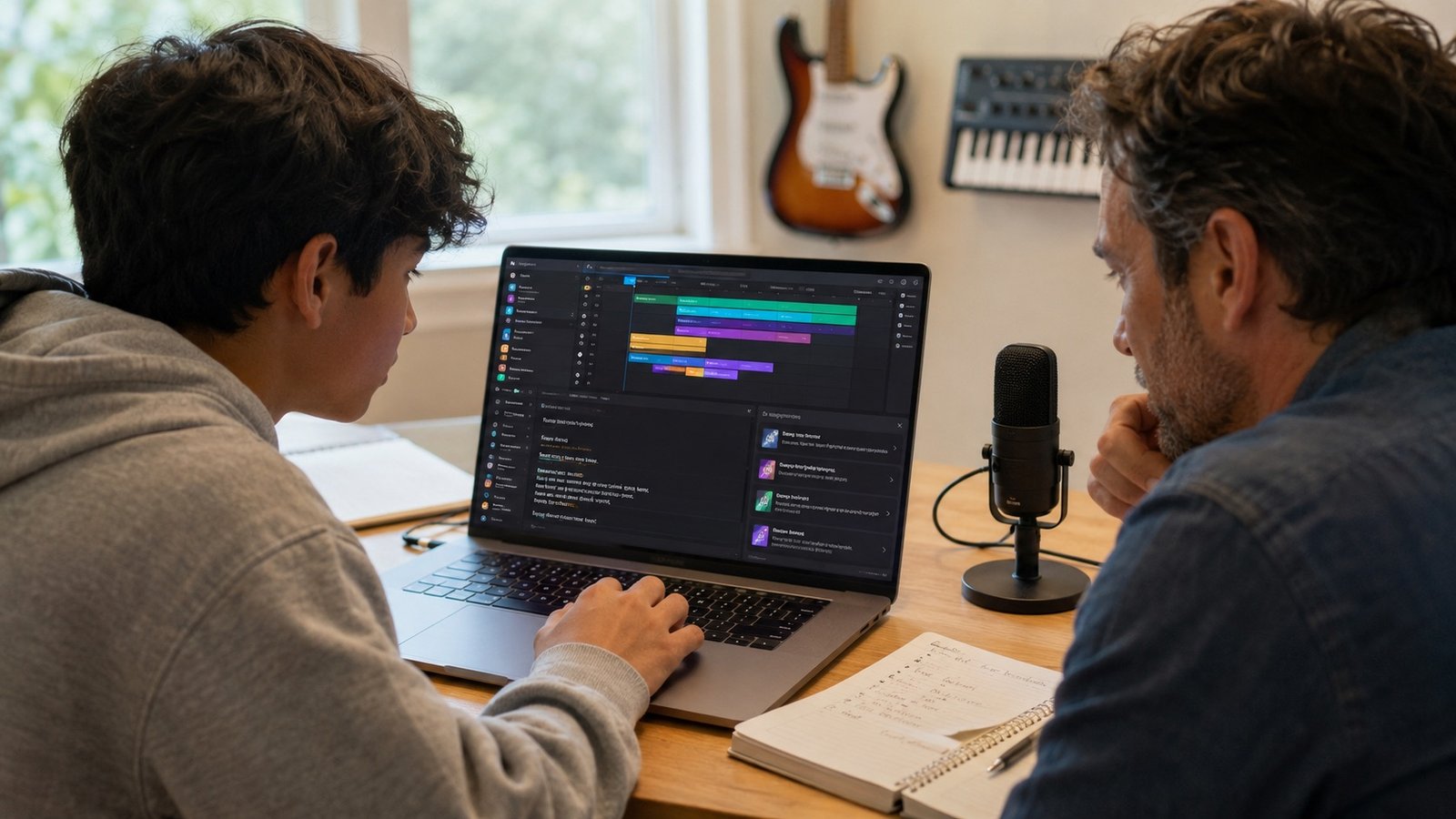 A young musician and their guardian working through a song plan together at the laptop